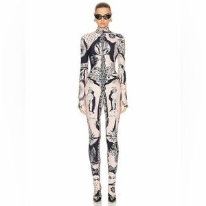 Jean Paul Gaultier Printed Heraldique Long Sleeve High Neck Jumpsuit‎ XXL Cream